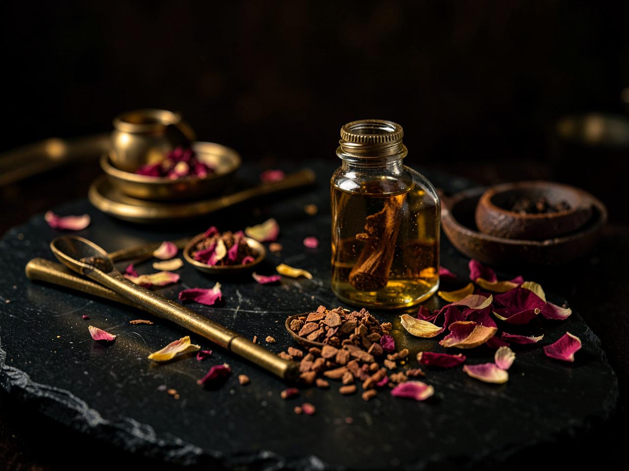 Attar oils being blended with brass tools